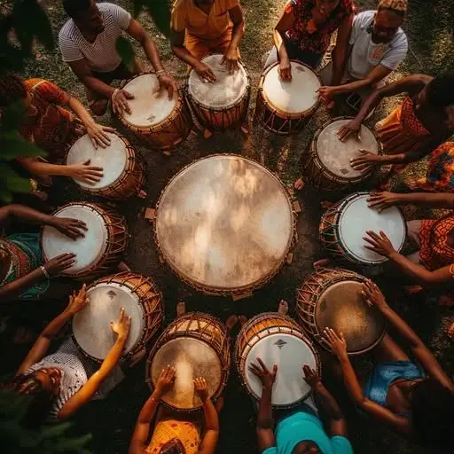 A diverse group of people standing in a circle, playing drums together outdoors.