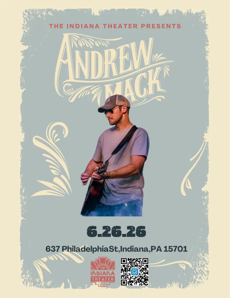 Poster advertising Andrew Mack performance at The Indiana Theater, with a guitarist on a decorative blue background and date 6.26.26.